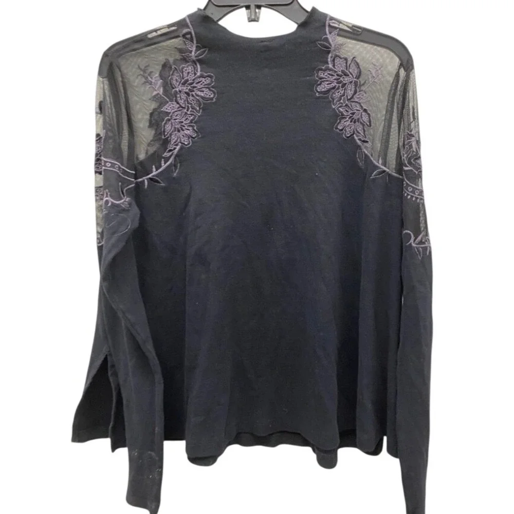 Free People Daniella Embroidered Top Small Black Mesh Floral Long Sleeve Knit